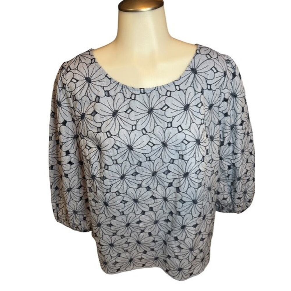 Talbots Blue Floral Embroidered Cotton Blouse Women’s Size 12 Lined